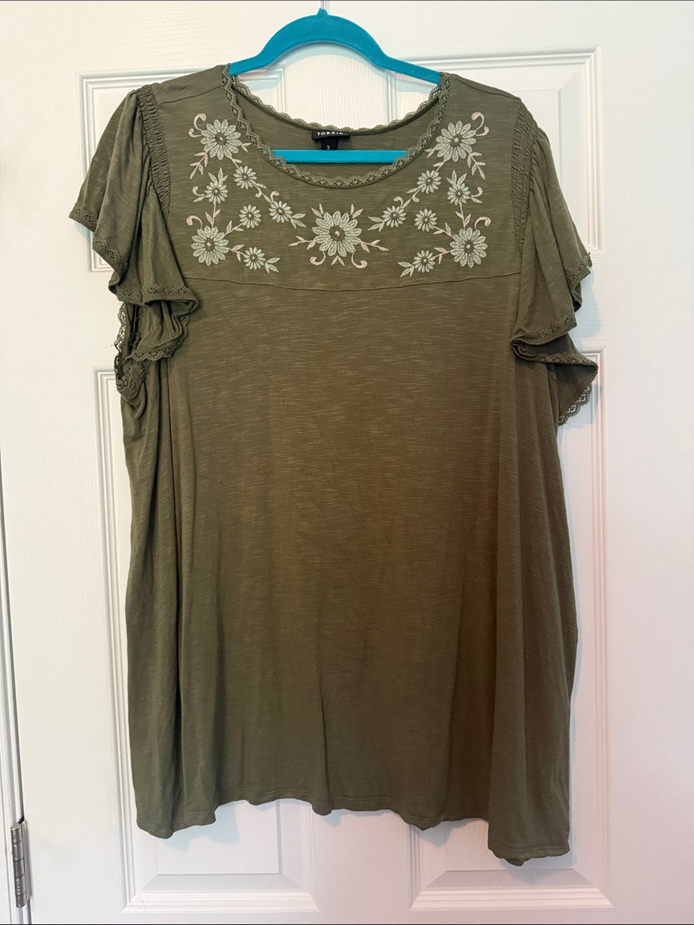 torrid Olive Green Embroidered Flutter Sleeve Tunic
